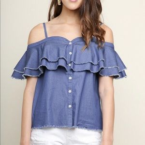 NWOT Umgee  Denim cold Shoulder Button down Top